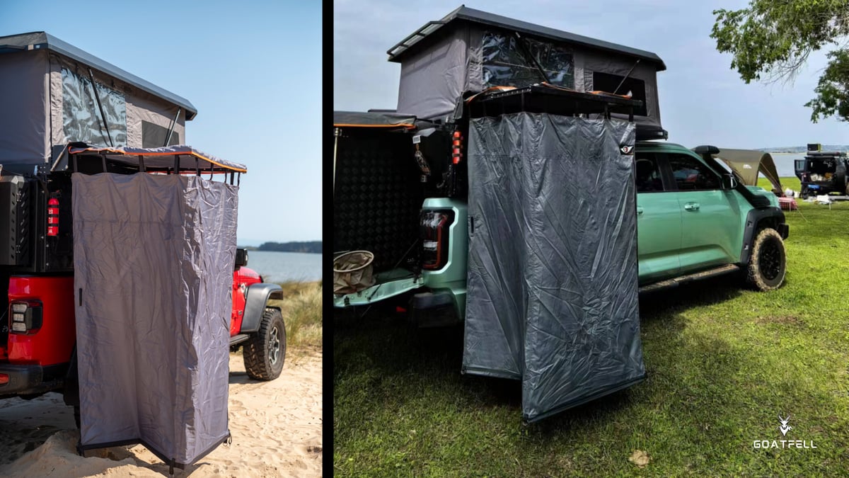 shower curtain on the exterior of a demountable camper truck