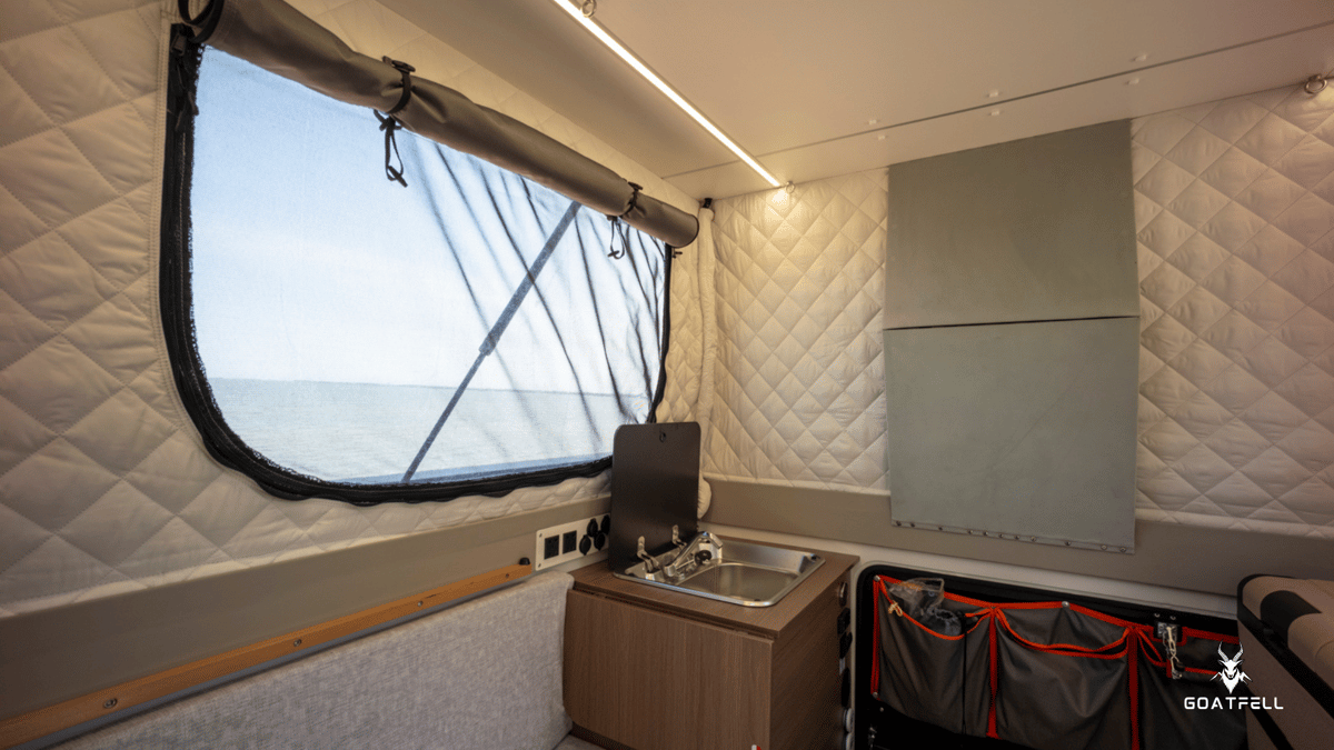 inside window and sink of a demountable camper unit 