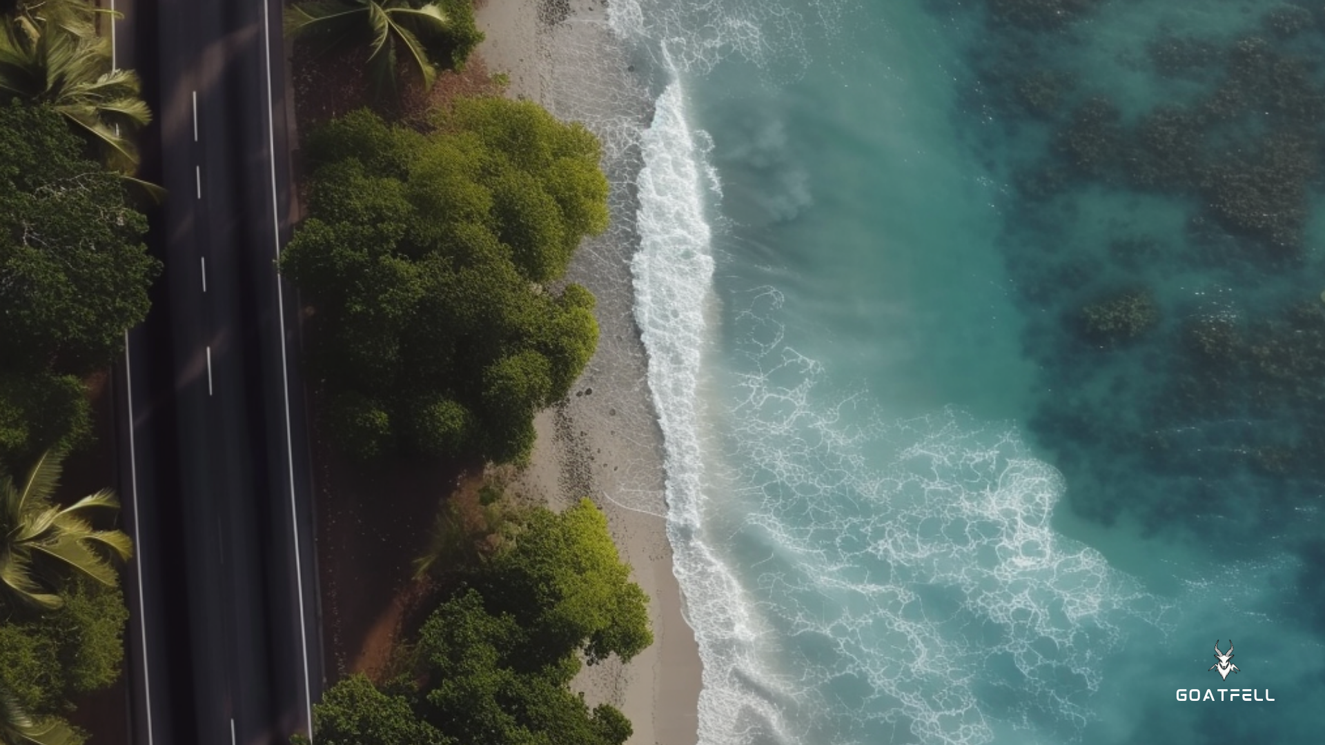 Birdseye view of road next to ocean